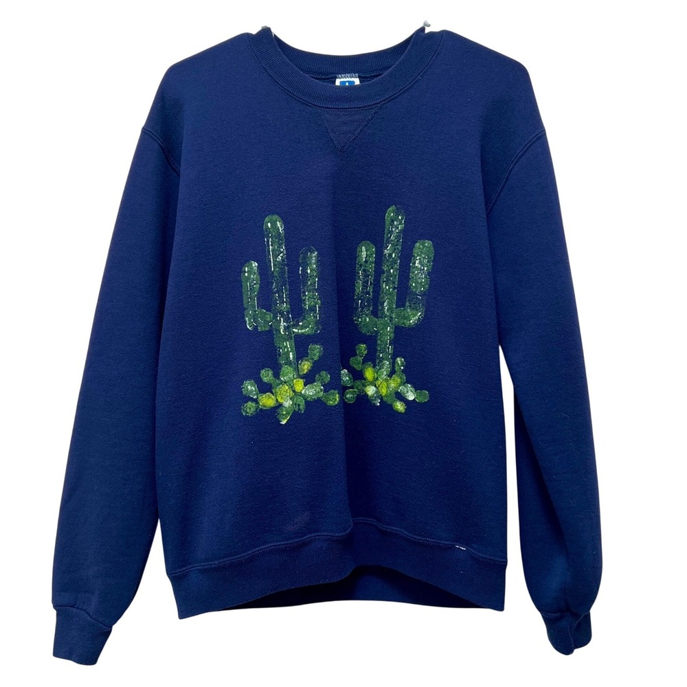 Vintage Russell Athletic Navy Blue Cactus Hand Painted Sweatshirt Made in USA M